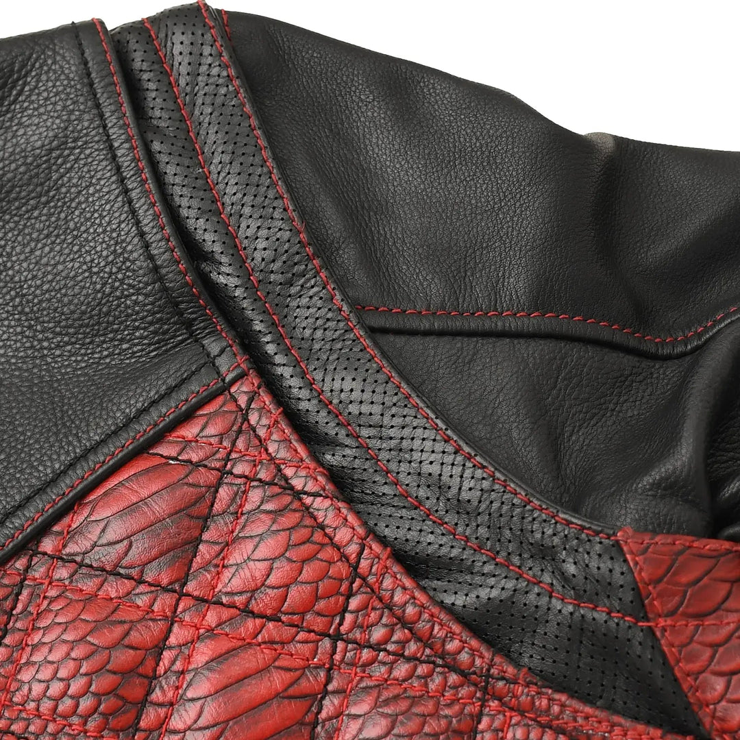 Sea Dragon Dreams Redstrike motorcycle jacket featuring black cowhide leather and red diamond-quilted textured panels.