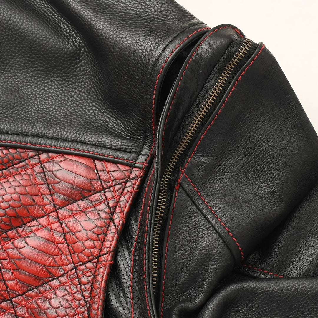 Sea Dragon Dreams Redstrike motorcycle jacket featuring black cowhide leather and red diamond-quilted detailing.