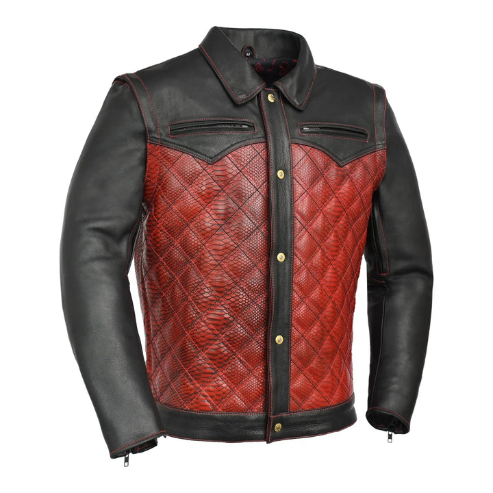 Sea Dragon Dreams Redstrike men's motorcycle jacket in black cowhide leather with a red diamond-quilted body.