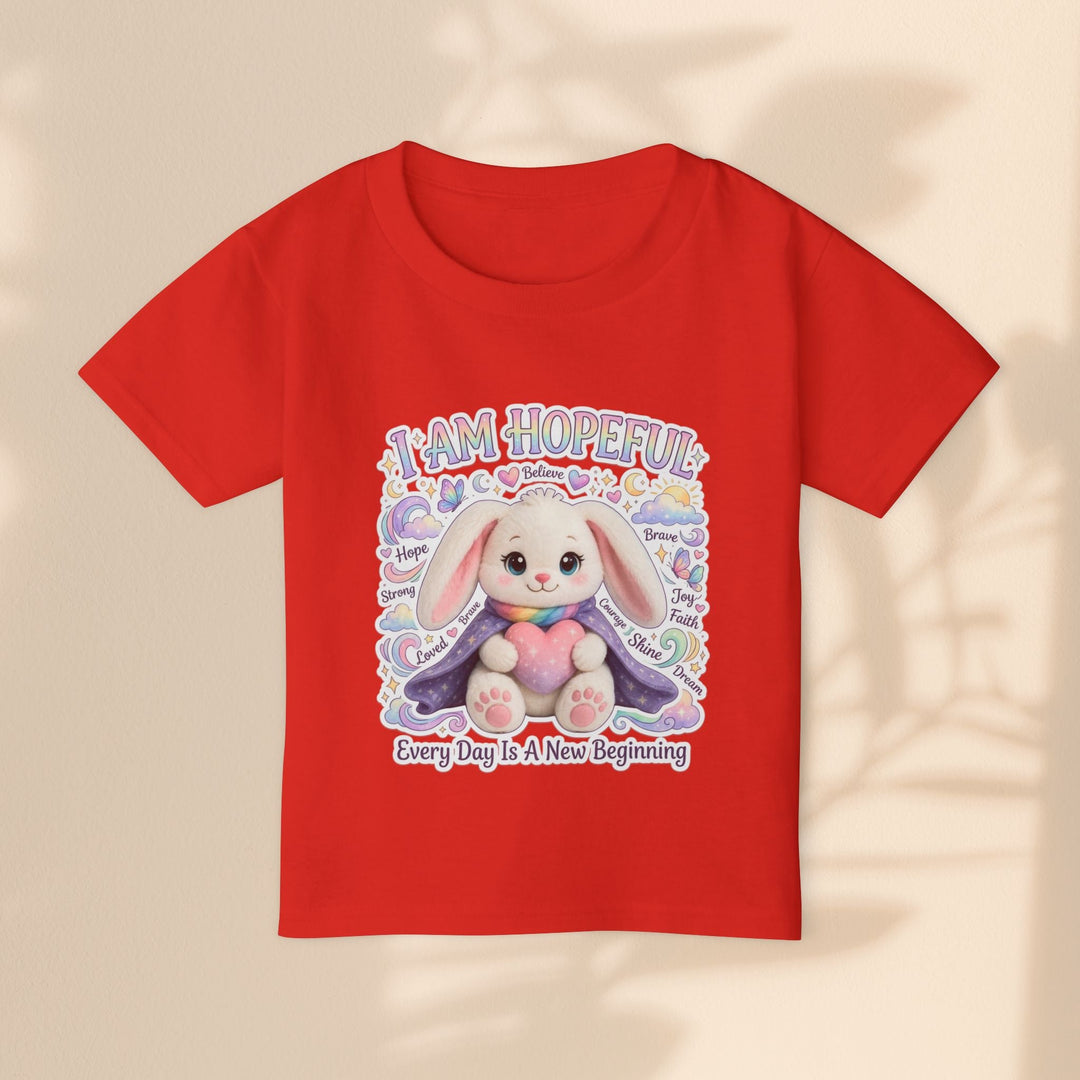 Sea Dragon Dreams red toddler t-shirt featuring a cute bunny illustration with the text I Am Hopeful and hearts.