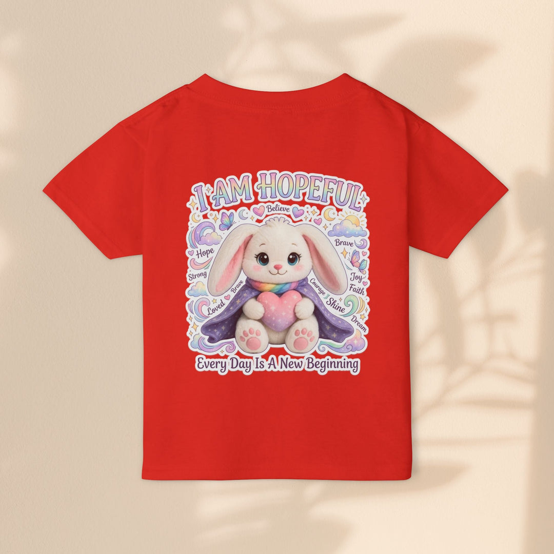 Sea Dragon Dreams red toddler t-shirt featuring a cute bunny graphic with the text I Am Hopeful and positive affirmations.