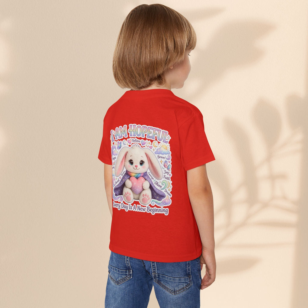 Sea Dragon Dreams toddler t-shirt in red cotton featuring a cute bunny graphic with I Am Hopeful text on the back.
