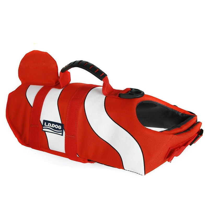 Sea Dragon Dreams red and white clownfish-style dog life jacket with a sturdy rescue handle and adjustable straps.