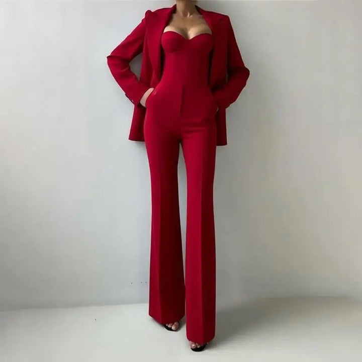 Sea Dragon Dreams red 3-piece pantsuit featuring a tailored blazer, corset-style bustier, and straight-leg trousers.