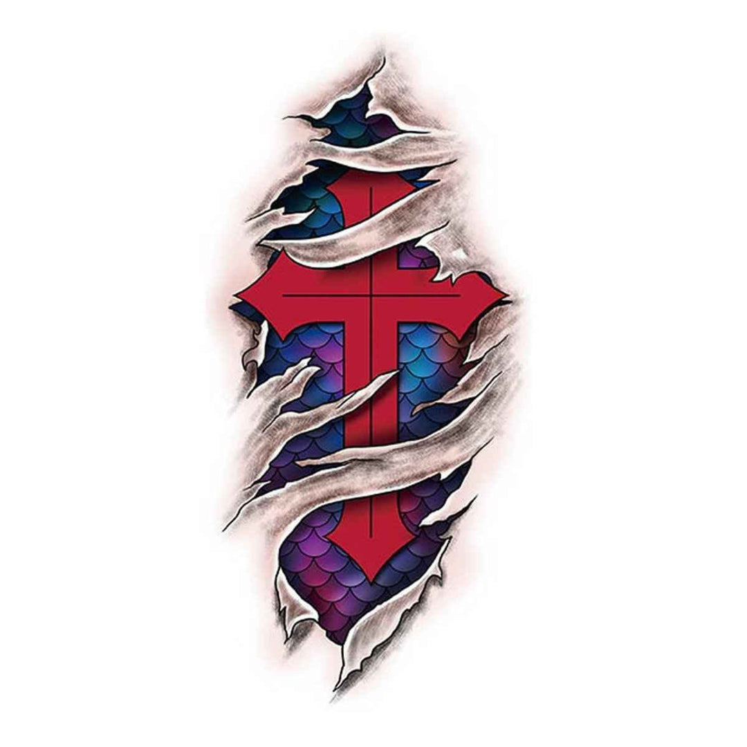 Sea Dragon Dreams red cross temporary tattoo with a 3D ripped skin effect and purple scale pattern background