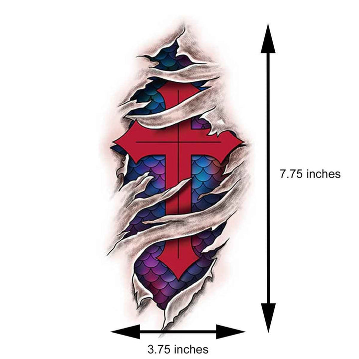 Sea Dragon Dreams red cross temporary tattoo design with a 3D dragon scale effect, measuring 3.75 by 7.75 inches.