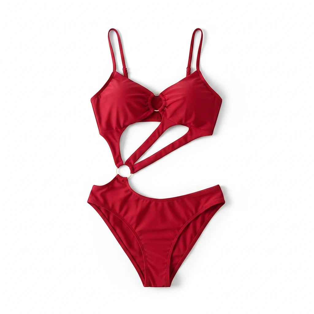 Sea Dragon Dreams red cut-out bikini with double straps and gold ring hardware on a white background