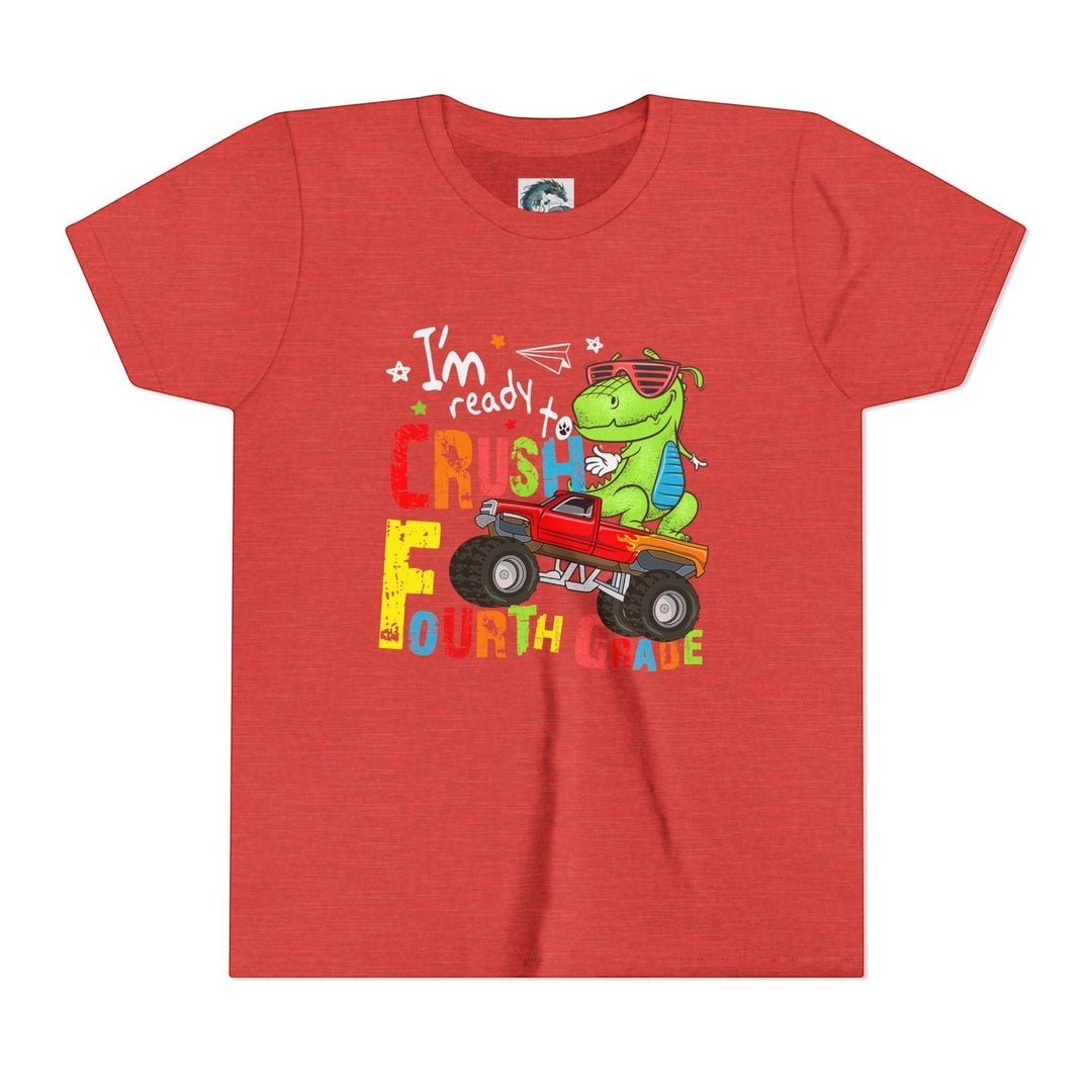 Sea Dragon Dreams red youth t-shirt featuring a cartoon dinosaur driving a monster truck for fourth grade students.