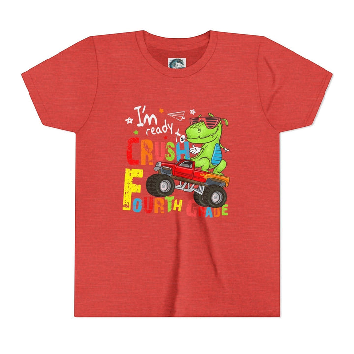 Sea Dragon Dreams red youth t-shirt featuring a cartoon dinosaur driving a monster truck for fourth grade students.