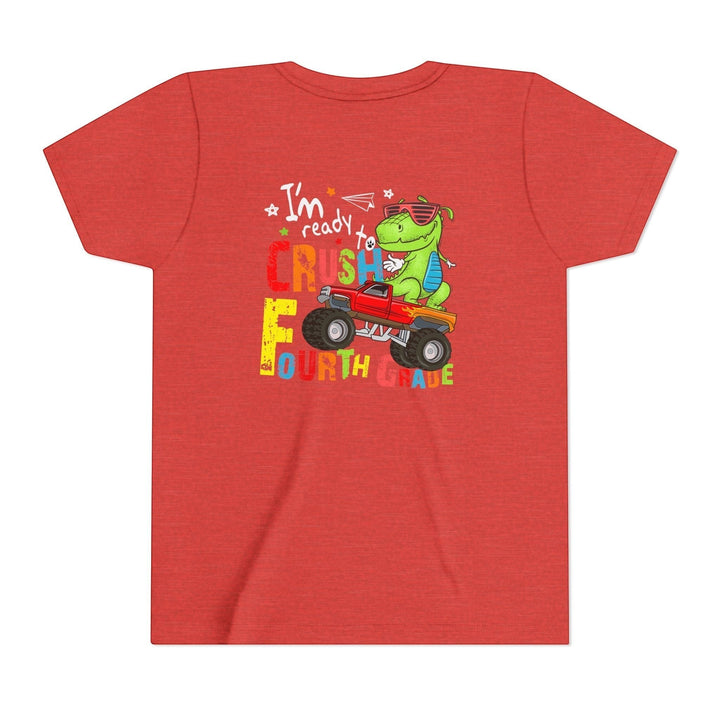 Sea Dragon Dreams red youth t-shirt featuring a green dinosaur driving a monster truck for fourth grade back to school
