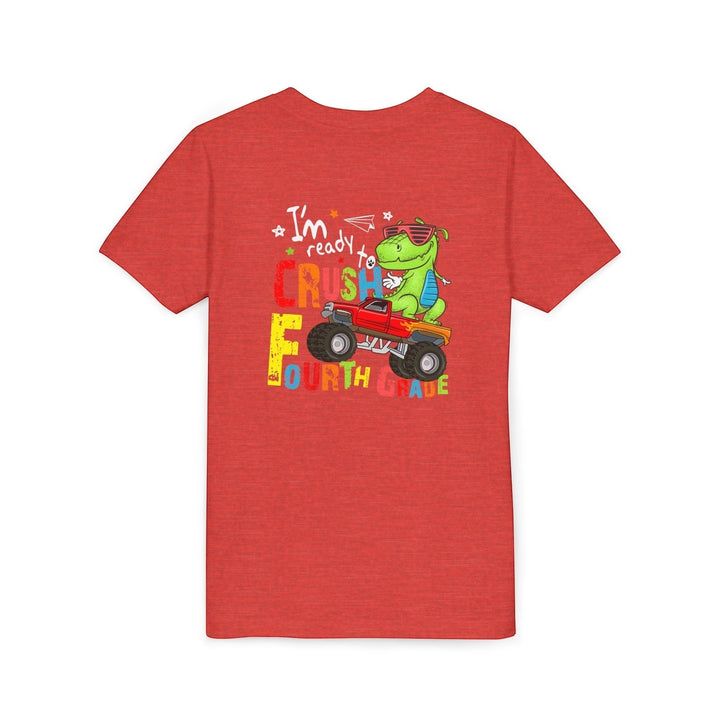 Sea Dragon Dreams red youth t-shirt featuring a cartoon dinosaur driving a monster truck with Fourth Grade text.