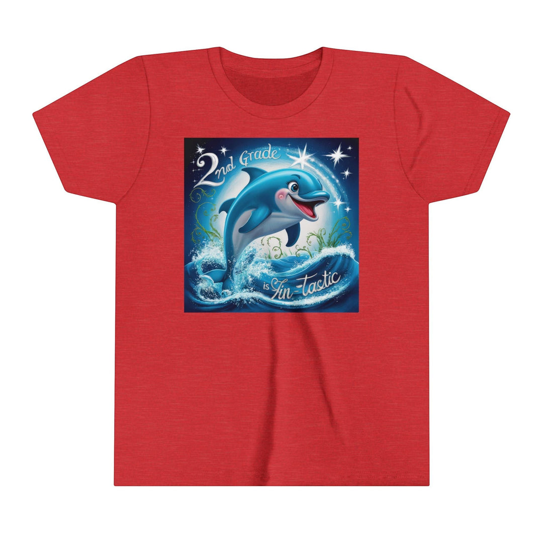 Sea Dragon Dreams red youth t-shirt with a 2nd Grade FinTastic dolphin graphic, featuring a crew neck and soft cotton.