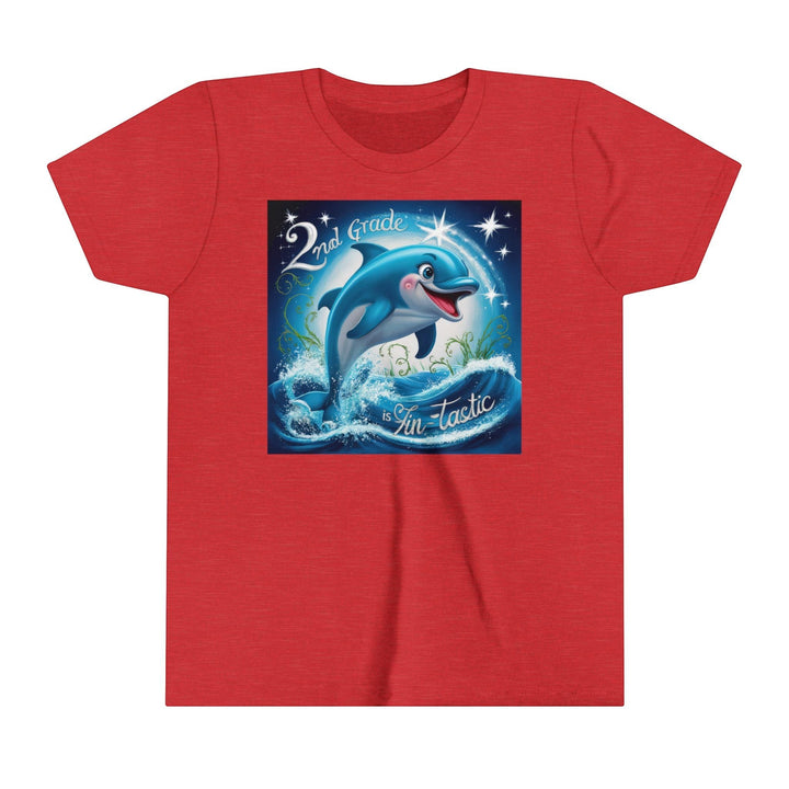 Sea Dragon Dreams red youth t-shirt with a 2nd Grade FinTastic dolphin graphic, featuring a crew neck and soft cotton.