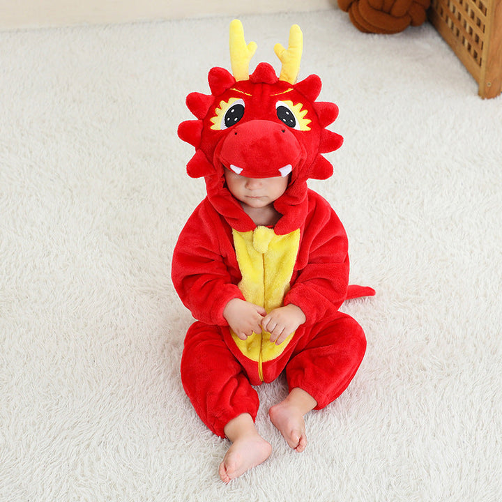 Sea Dragon Dreams red dragon hooded flannel onesie for boys with yellow belly and character hood