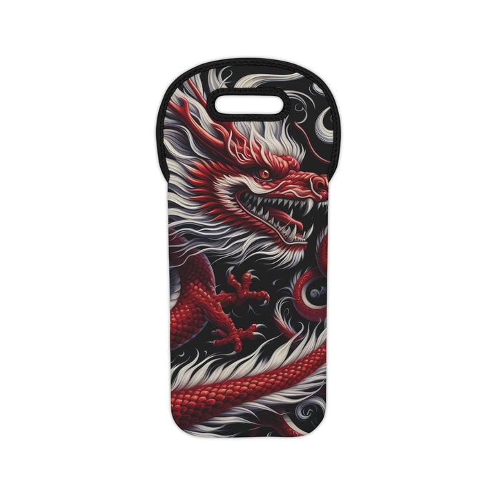 Sea Dragon Dreams neoprene wine tote bag featuring a bold red dragon print on a black background with soft-grip handle