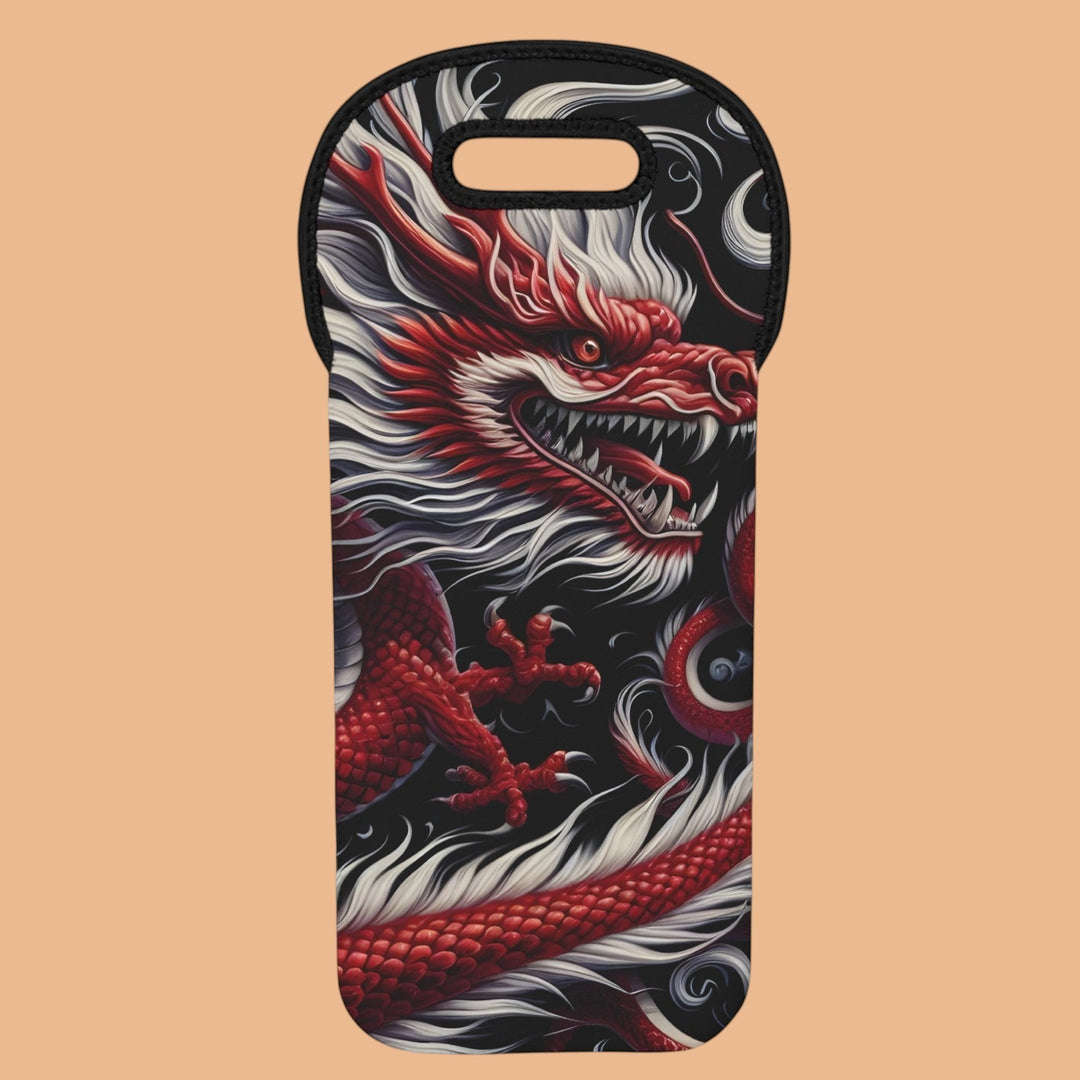 Sea Dragon Dreams neoprene wine tote featuring a bold red dragon illustration with black trim and soft-grip handle.