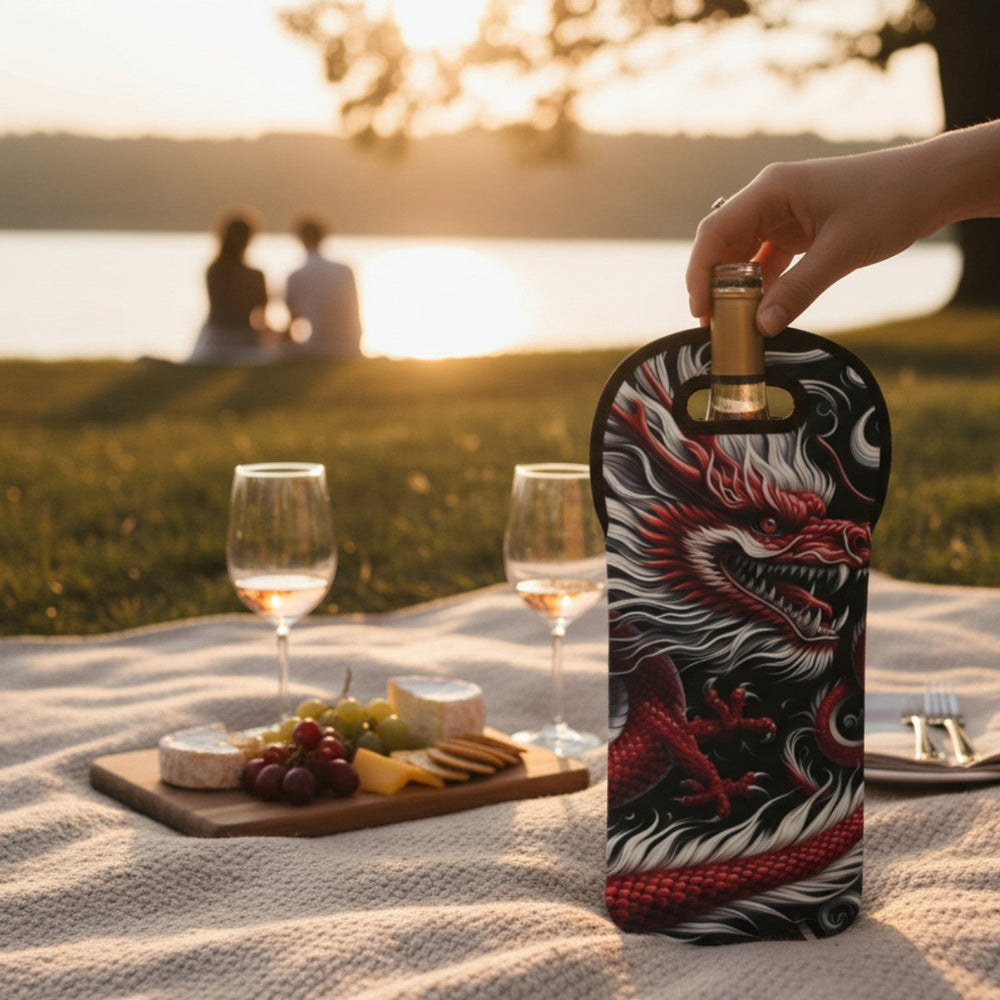 Sea Dragon Dreams neoprene wine tote with red dragon print, held at a sunset picnic with wine glasses and cheese.