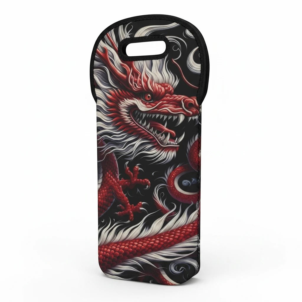 Sea Dragon Dreams neoprene wine tote featuring a bold red dragon illustration on a black background with soft handles.