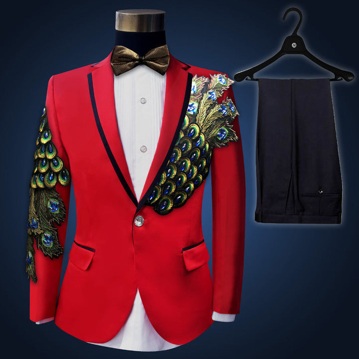 Sea Dragon Dreams red tuxedo blazer with peacock feather embroidery, white shirt, bowtie, and black dress pants.