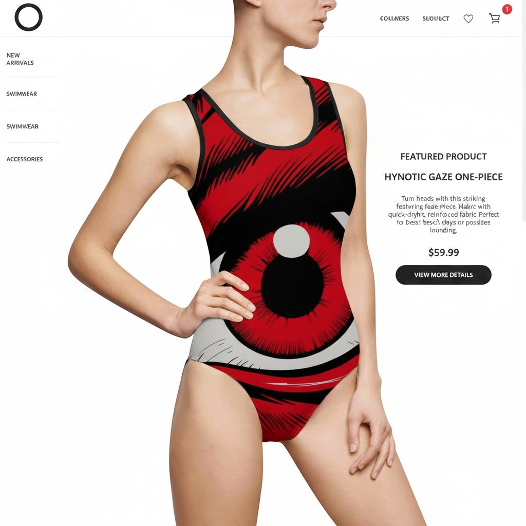 Sea Dragon Dreams women's one-piece swimsuit featuring a bold red eye graphic print, scoop neck, and low back design.
