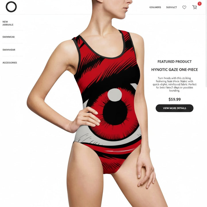 Sea Dragon Dreams women's one-piece swimsuit featuring a bold red eye graphic print, scoop neck, and low back design.
