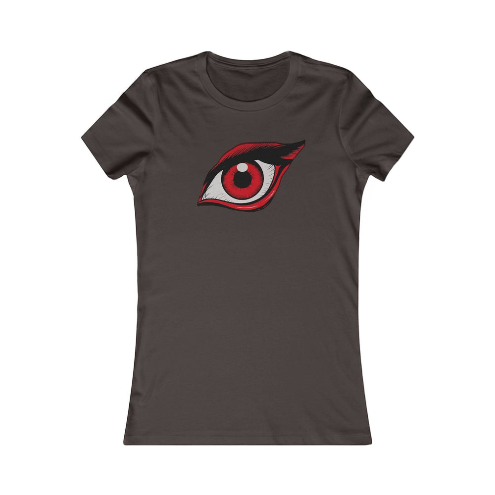 Sea Dragon Dreams women's dark grey crew neck t-shirt featuring a vibrant red dragon eye graphic print.