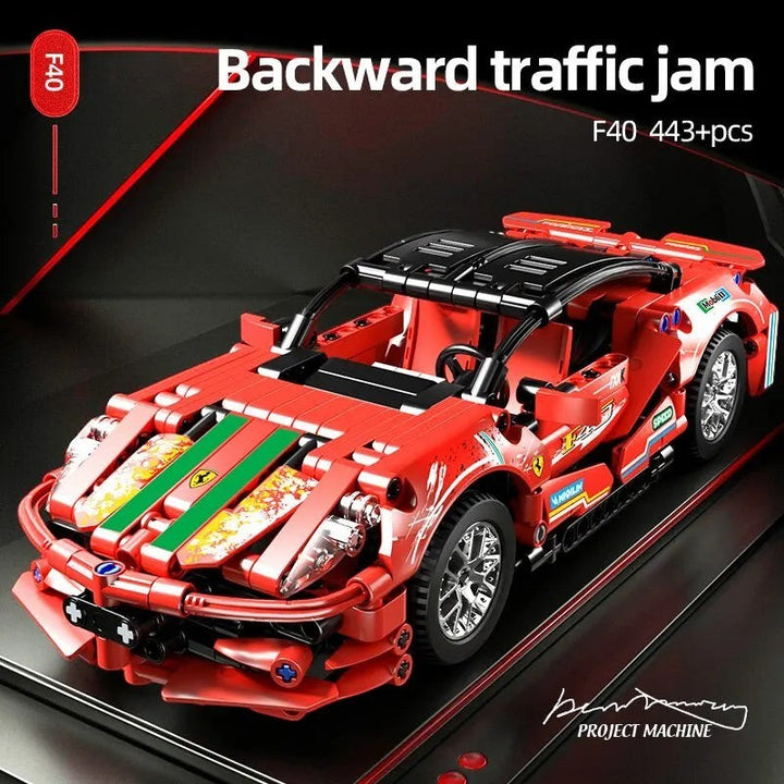 Sea Dragon Dreams red F40 sports car building block set with detailed racing decals and black roof accents
