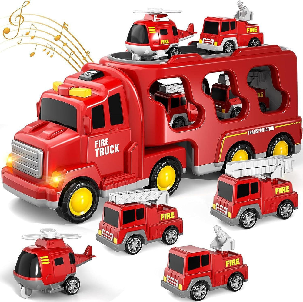 Sea Dragon Dreams red fire truck carrier toy set with six mini emergency vehicles, lights, and sound effects