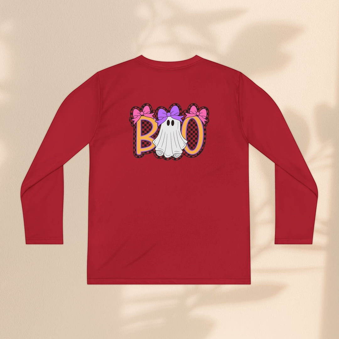 Sea Dragon Dreams red long sleeve youth shirt with a ghost Boo graphic featuring pink and purple bows