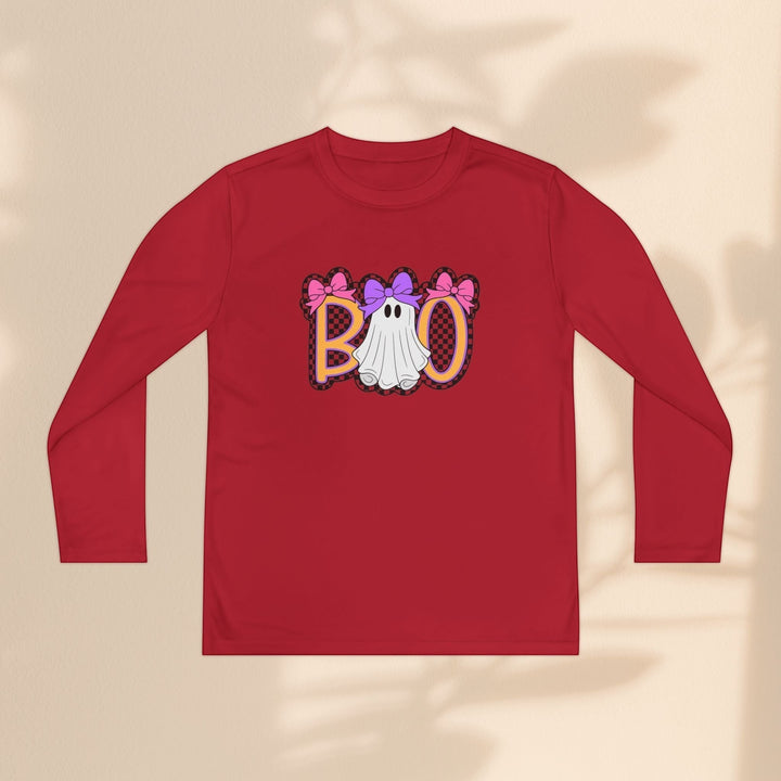Sea Dragon Dreams red long sleeve youth shirt with a cute ghost Boo graphic featuring pink and purple bows