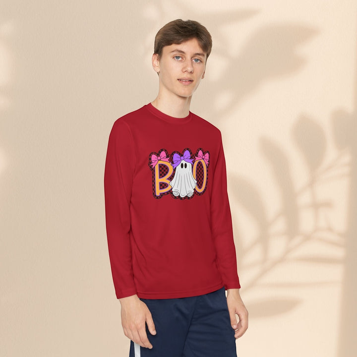 Sea Dragon Dreams youth long sleeve red Halloween shirt featuring a ghost Boo graphic with purple bows