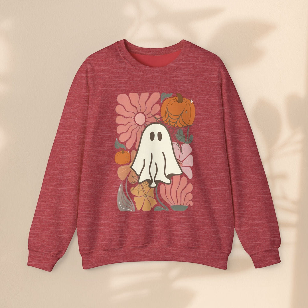 Sea Dragon Dreams red crewneck sweatshirt featuring a retro floral and ghost graphic for a cozy autumn style.