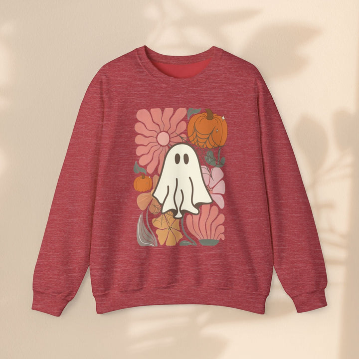 Sea Dragon Dreams red crewneck sweatshirt featuring a retro floral and ghost graphic for a cozy autumn style.