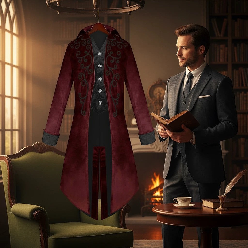 Sea Dragon Dreams men's gothic tailcoat in deep red velvet with black embroidery, hanging in a library setting.