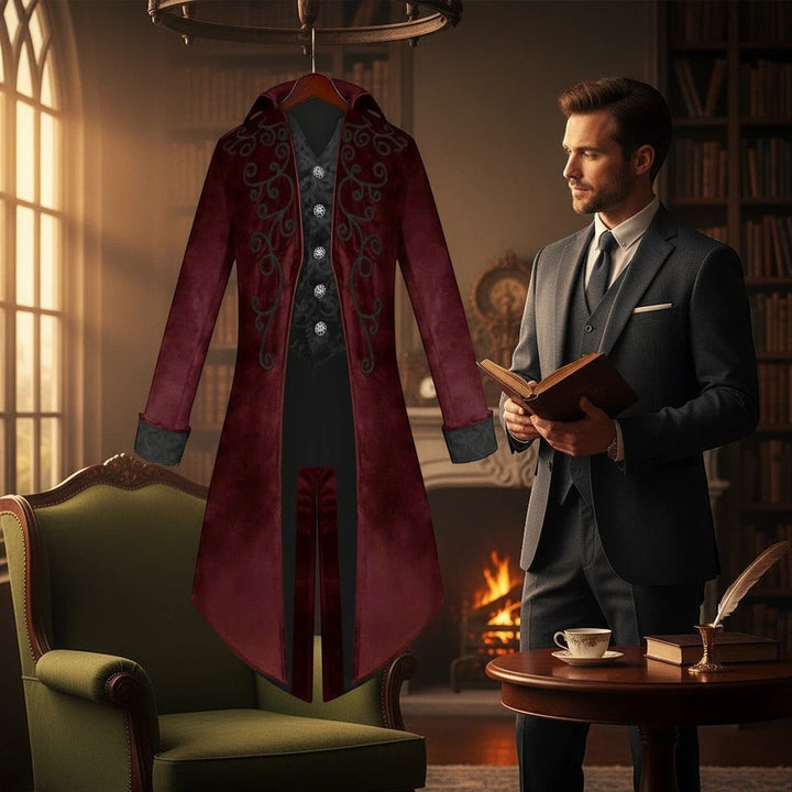 Sea Dragon Dreams men's gothic tailcoat in deep red velvet with black embroidery, hanging in a library setting.