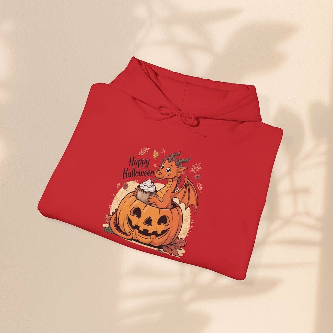 Sea Dragon Dreams red cotton-blend hoodie featuring a playful dragon in a pumpkin graphic for Halloween.