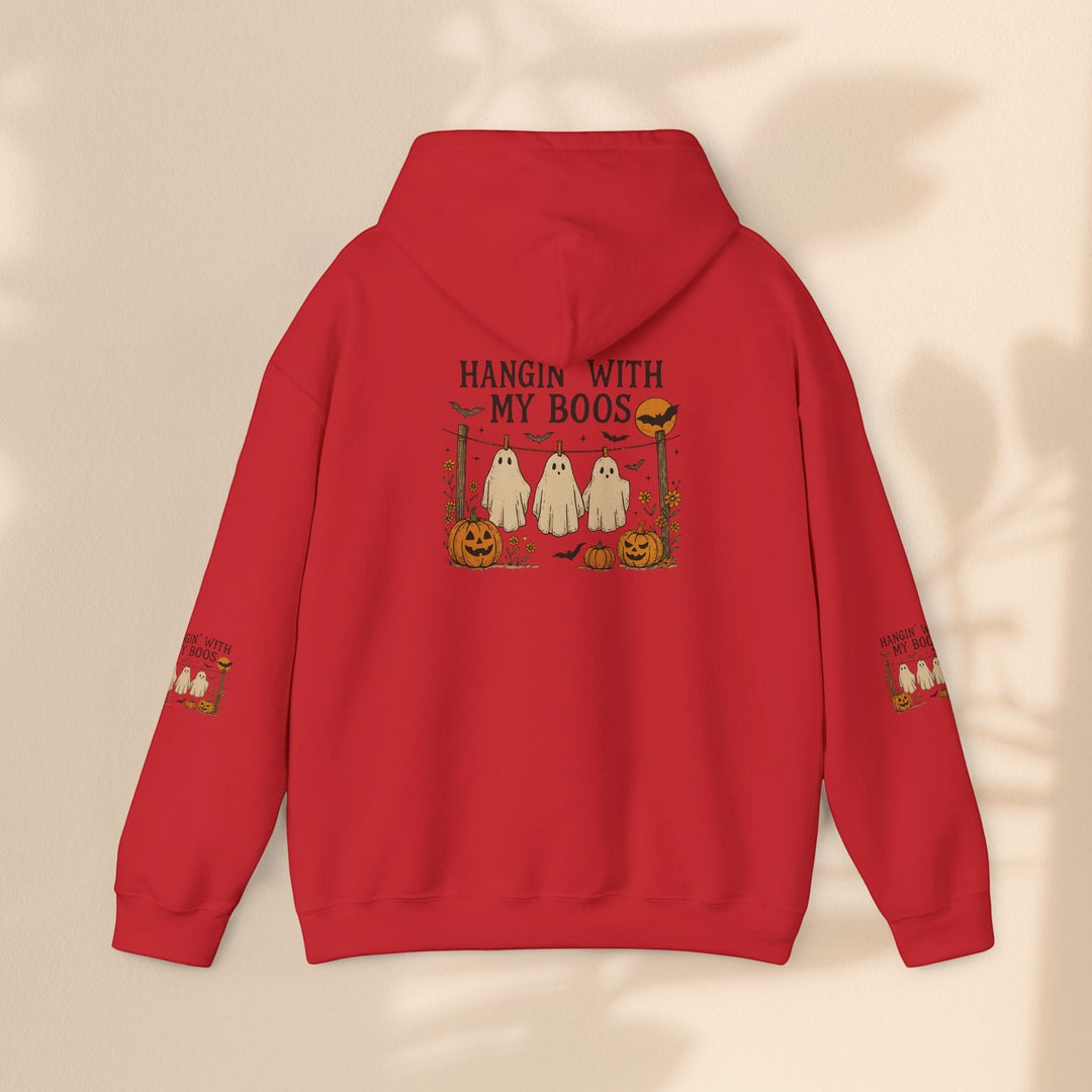 Sea Dragon Dreams red Halloween hoodie with Hanging With My Boos ghost graphic on back and sleeves, cotton blend.