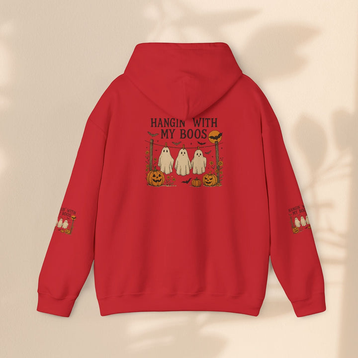Sea Dragon Dreams red Halloween hoodie with Hanging With My Boos ghost graphic on back and sleeves, cotton blend.