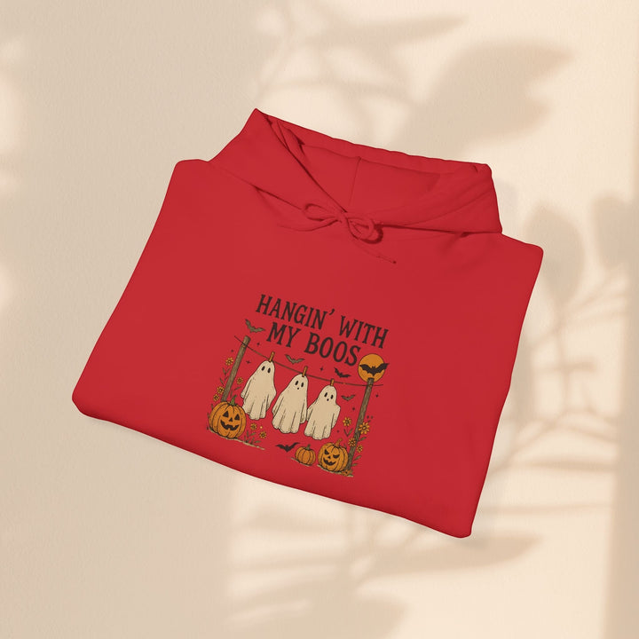 Sea Dragon Dreams red Halloween hoodie featuring a Hanging With My Boos ghost and pumpkin graphic print.