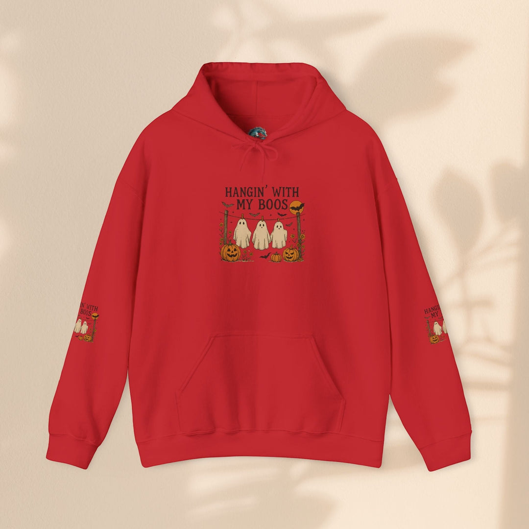 Sea Dragon Dreams red Halloween hoodie featuring a Hanging With My Boos ghost graphic and kangaroo pocket.