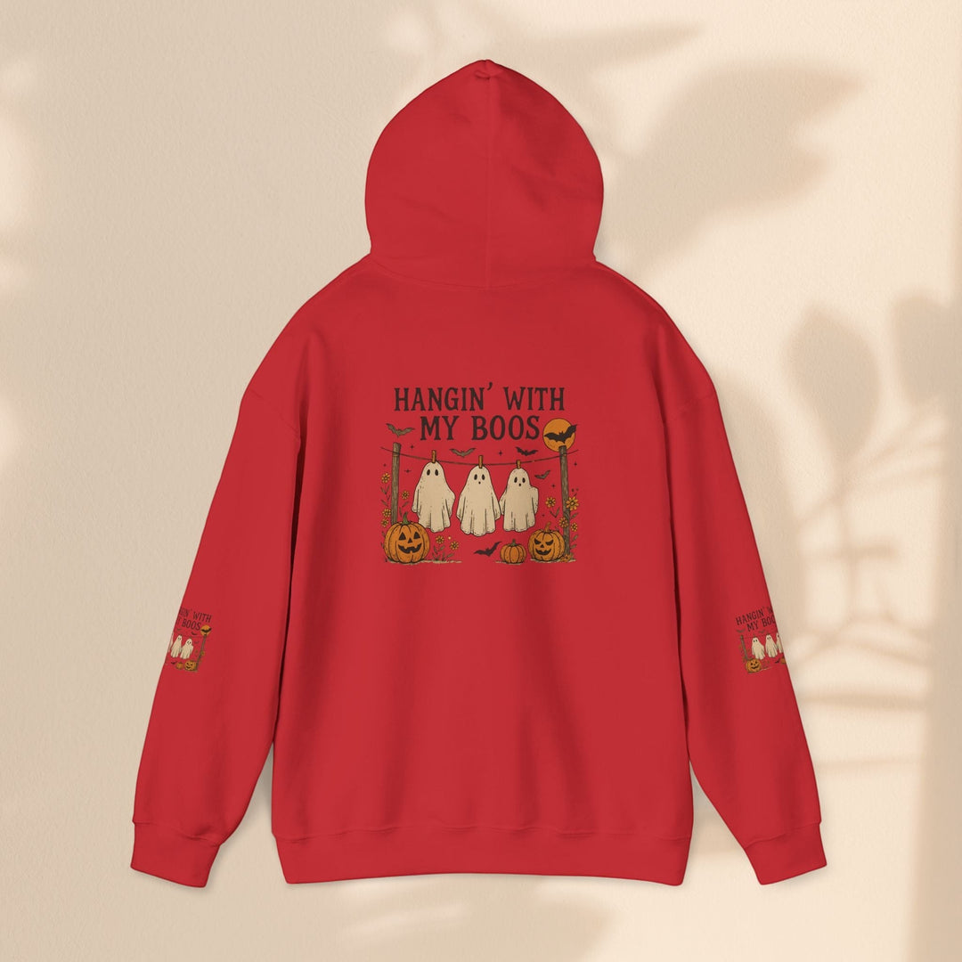 Sea Dragon Dreams red Halloween hoodie with Hanging With My Boos ghost and pumpkin graphic on the back and sleeves.
