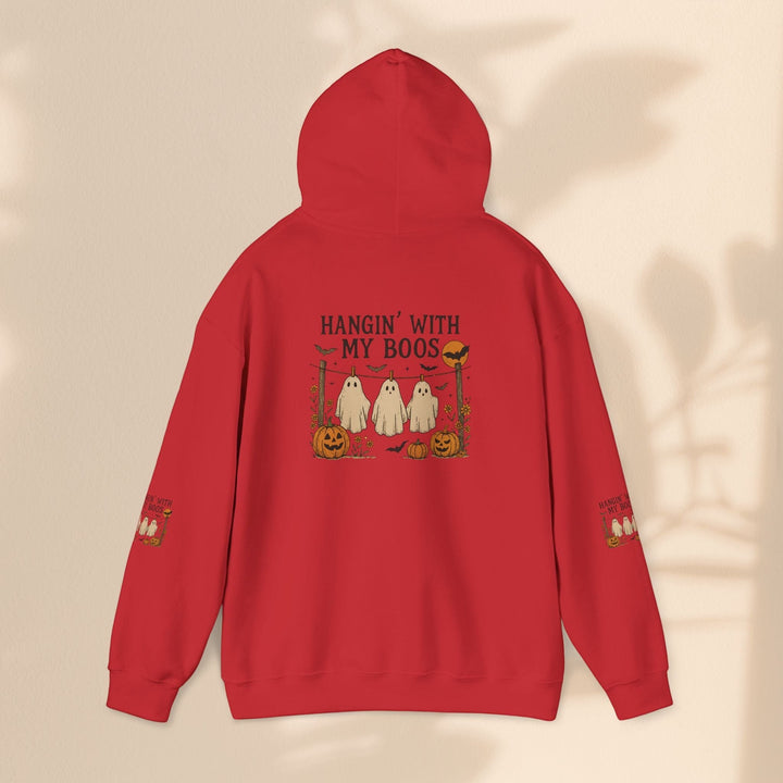 Sea Dragon Dreams red Halloween hoodie with Hanging With My Boos ghost and pumpkin graphic on the back and sleeves.