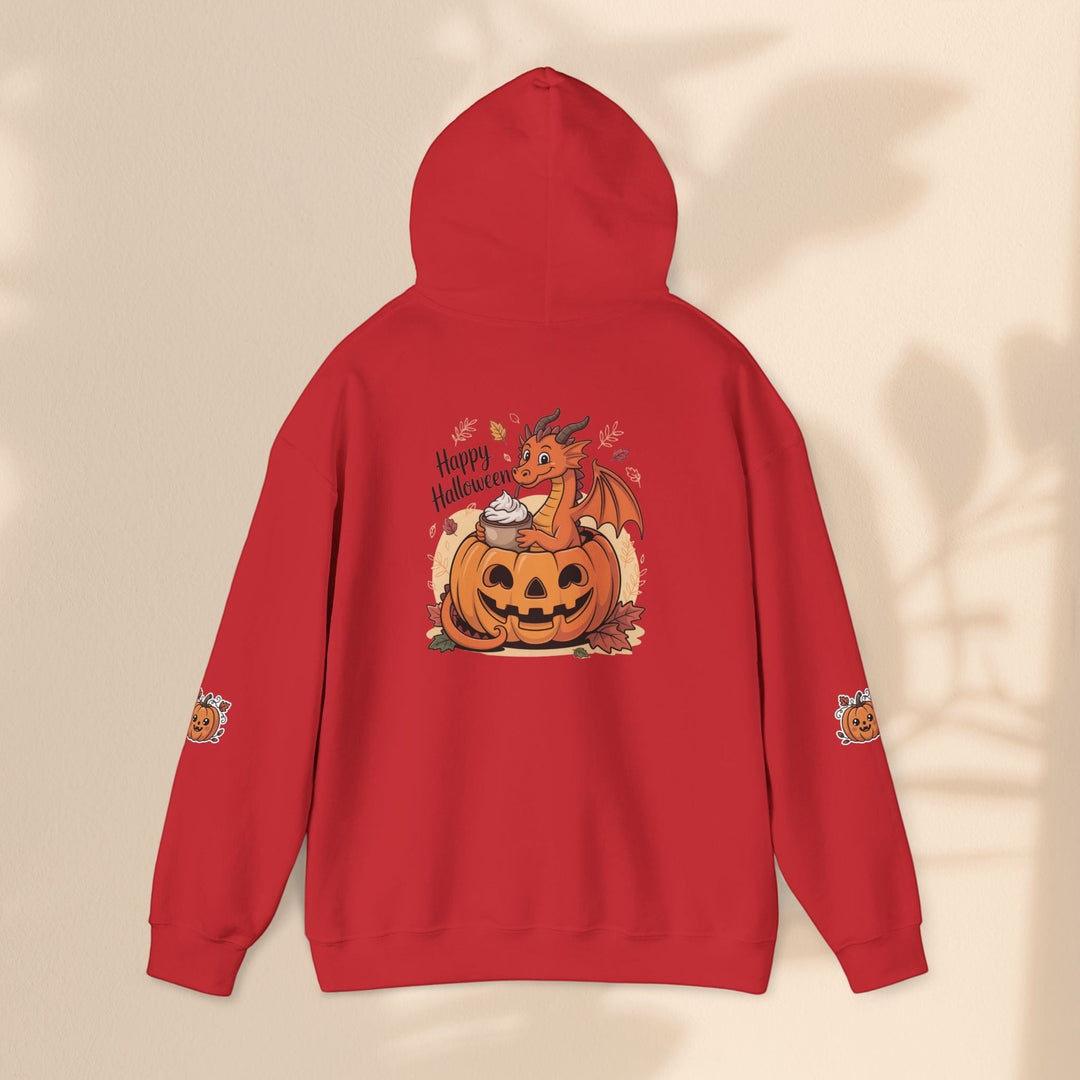 Sea Dragon Dreams red hoodie featuring a cute dragon in a jack-o-lantern with Happy Halloween text on the back