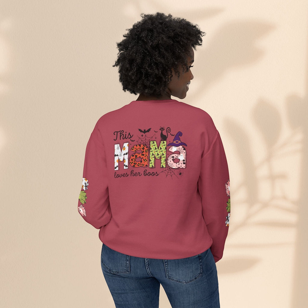 Sea Dragon Dreams red crewneck sweatshirt with This Mama Loves Her Boos Halloween graphic on the back