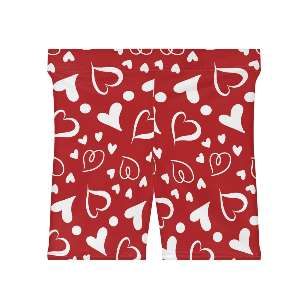 Sea Dragon Dreams high-waisted biker shorts in red with a white hand-drawn heart pattern and faux suede finish.