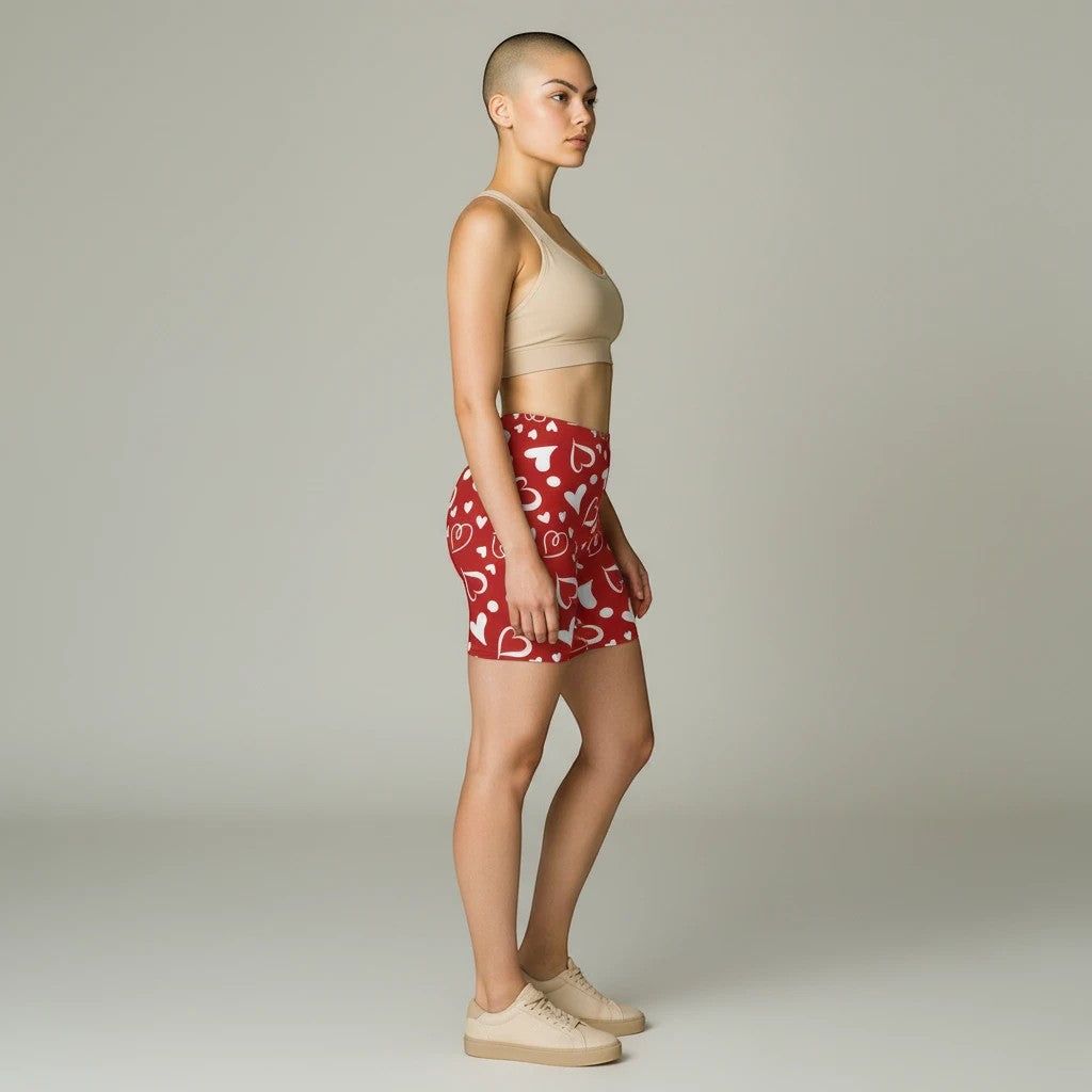 Sea Dragon Dreams high-waisted red biker shorts with white heart pattern worn by a model in a side profile view.