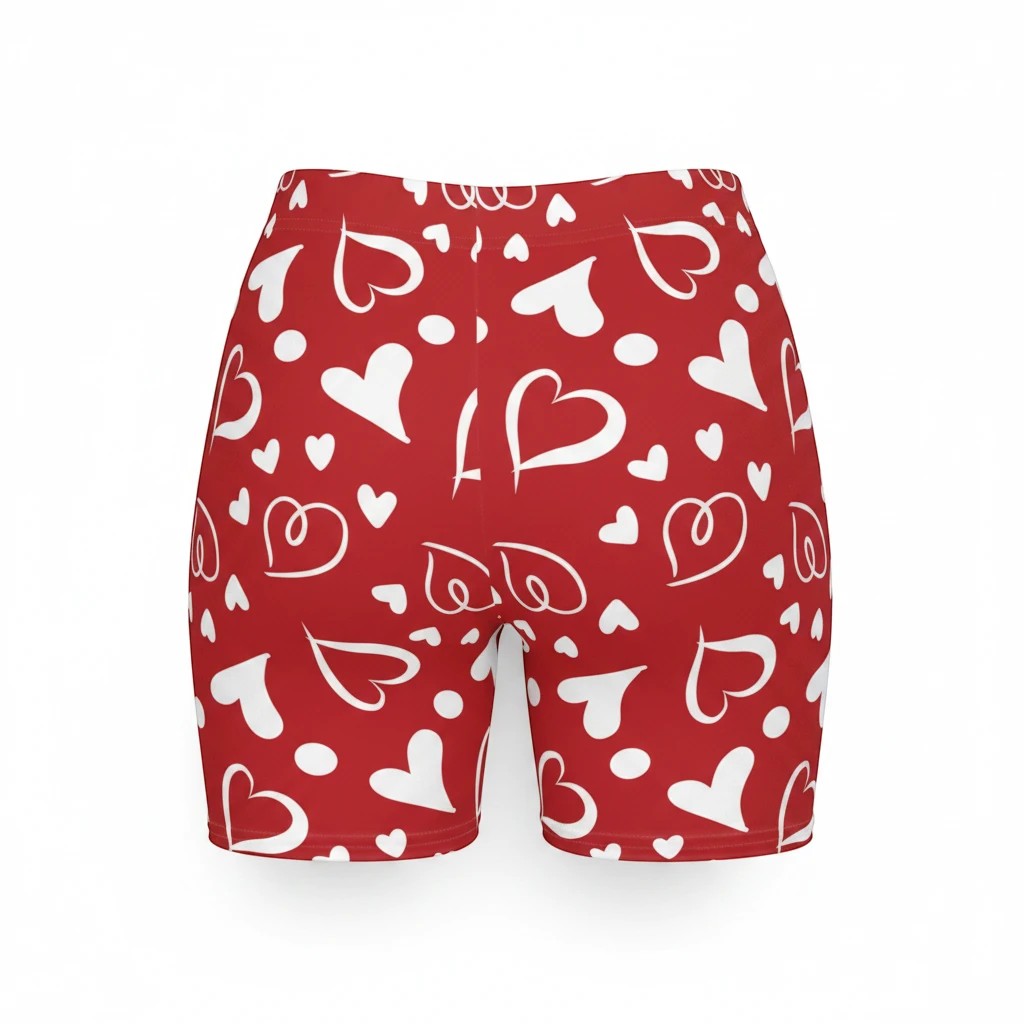Sea Dragon Dreams high-waisted biker shorts in red with a white heart pattern, made from moisture-wicking fabric.