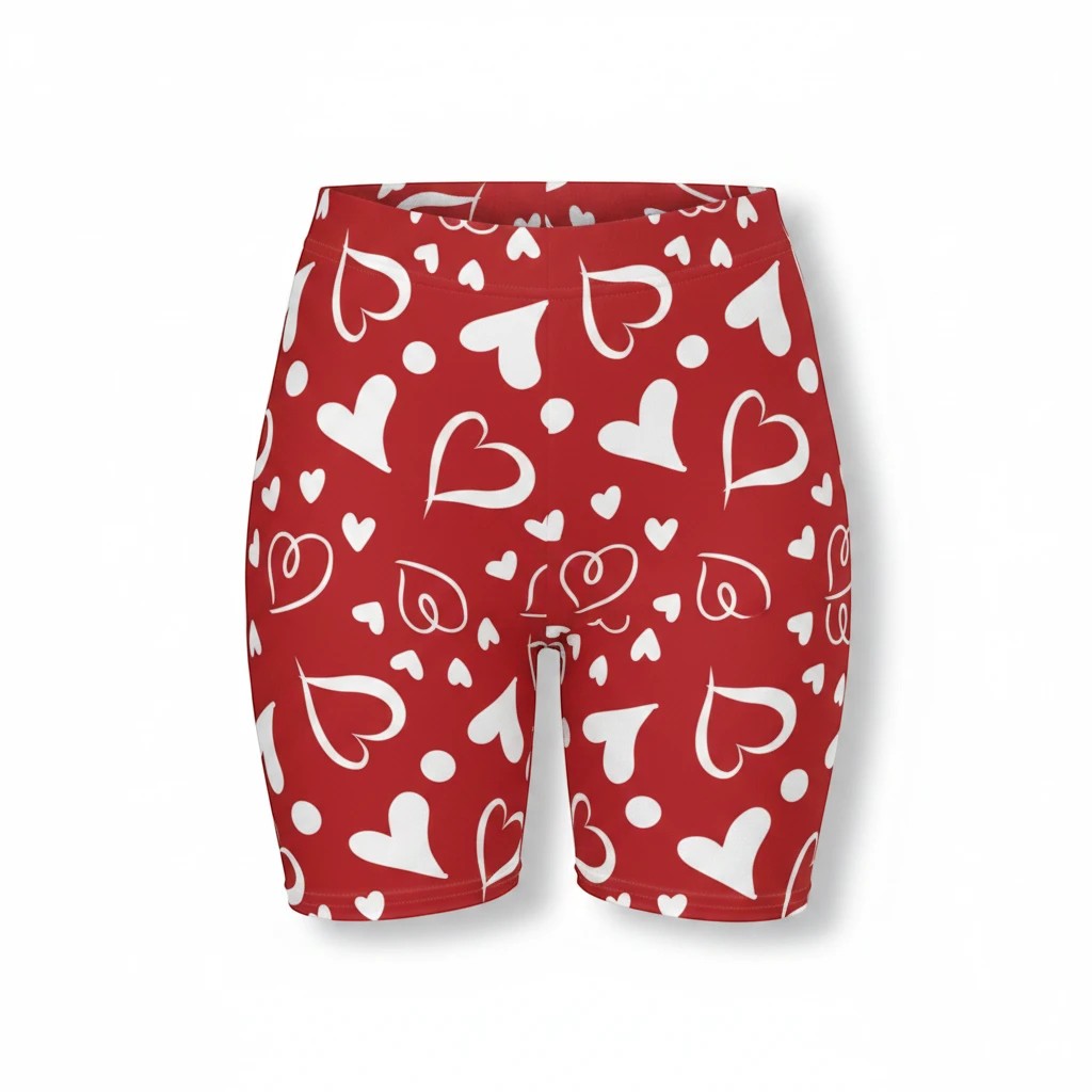 Sea Dragon Dreams high-waisted red biker shorts with a white heart pattern, made from moisture-wicking stretchy fabric.