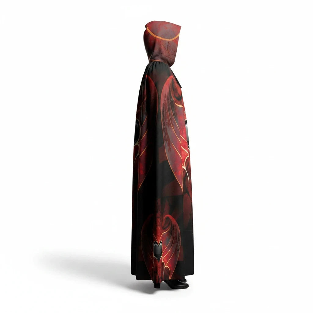 Sea Dragon Dreams unisex hooded cloak in red and black scuba fabric with heart-themed artwork and a flowing silhouette.