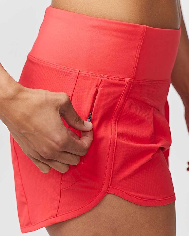 Sea Dragon Dreams Sheva high rise running shorts in bright red with a secure zip side pocket and knit waistband